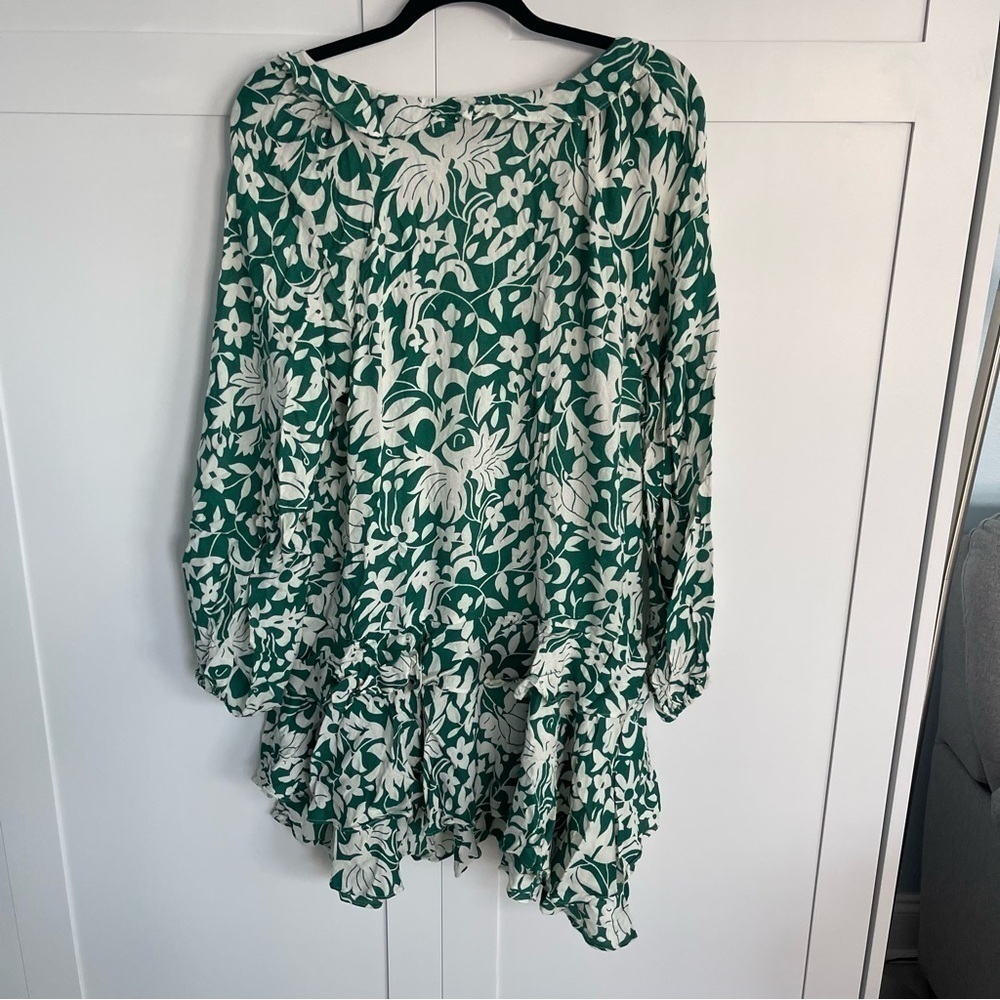 Free People Rebecca Floral Ruffle Long Sleeve Casual Green & White Mini Dress L - Picture 4 of 11